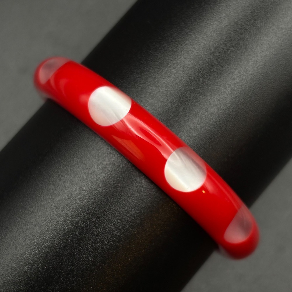 Vintage Bangle Bracelet Cherry Red Pearlescent Injected White Dots Size 7.5